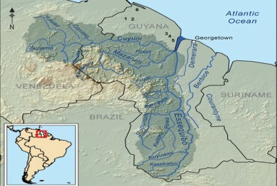 Figure 1. Map showing general location of major shell mounds in Guyana: 1) Barabina; 2) Hosororo Creek; 3) Piraka; 4) Kabakaburi; 5) Sirki; 6) Wyva Creek.